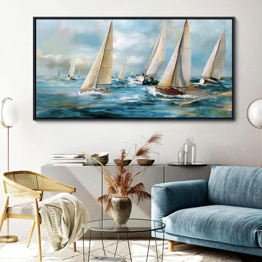 YDYSUNE Sailboat Wall Art - Blue Canvas Retro Painting Textured Picture Artwork Vintage Nautical Large Painting Coastal Modern Print Frame for Living Room Bedroom Home 20x40inch