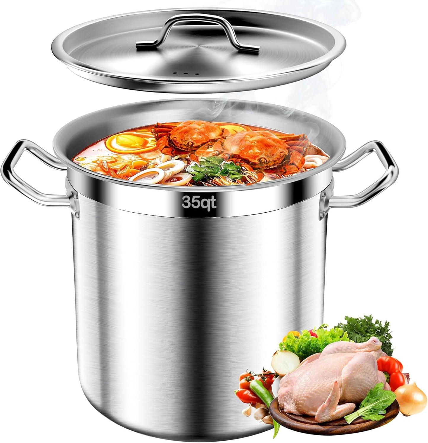 Large Stock Pot-35QT Stainless Steel Stockpot with Lid, Heavy Duty Tri-Ply Bottom Commercial Grade Stock Pot & Stockpots for Boiling Cooking Soup Stew Canning Cooking Pots, Big Stockpot, Deep Cookware