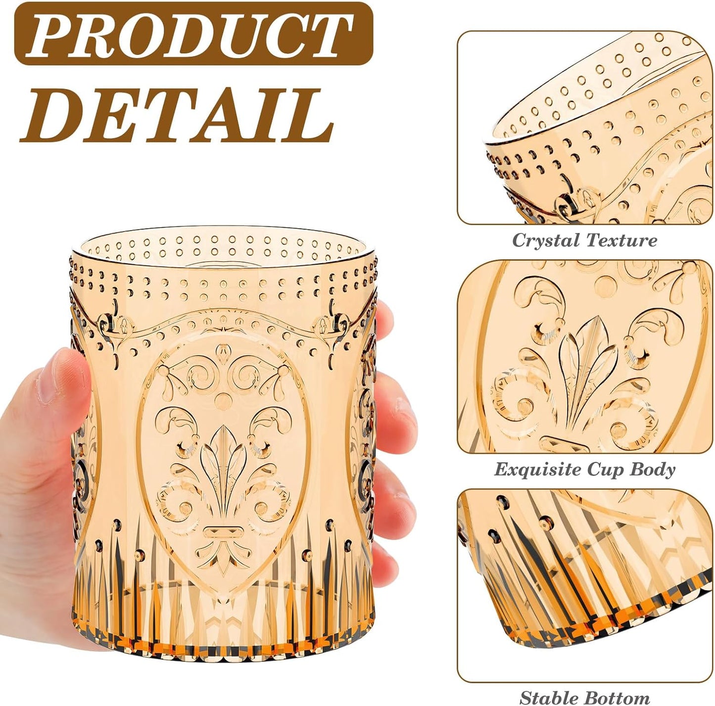 48 Plastic Vintage Drinking Glasses 8.5oz Stemless Retro Embossed Wine Glasses Shatterproof Reusable Cups for Baby Shower Wedding Reception Grand Event Party (Yellow)