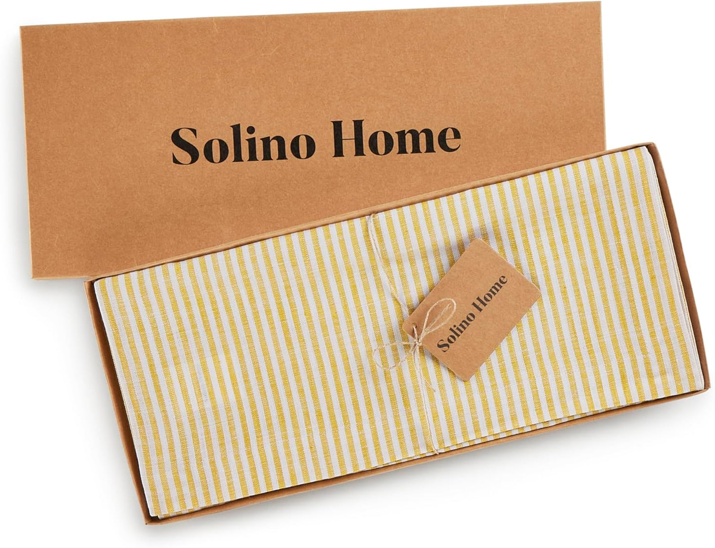 Solino Home Linen Table Runner 72 Inches Long - Narrow Stripe, 100% Pure Linen Spicy Mustard and White Table Runner 14 x 72 Inch for Dining, Dresser
