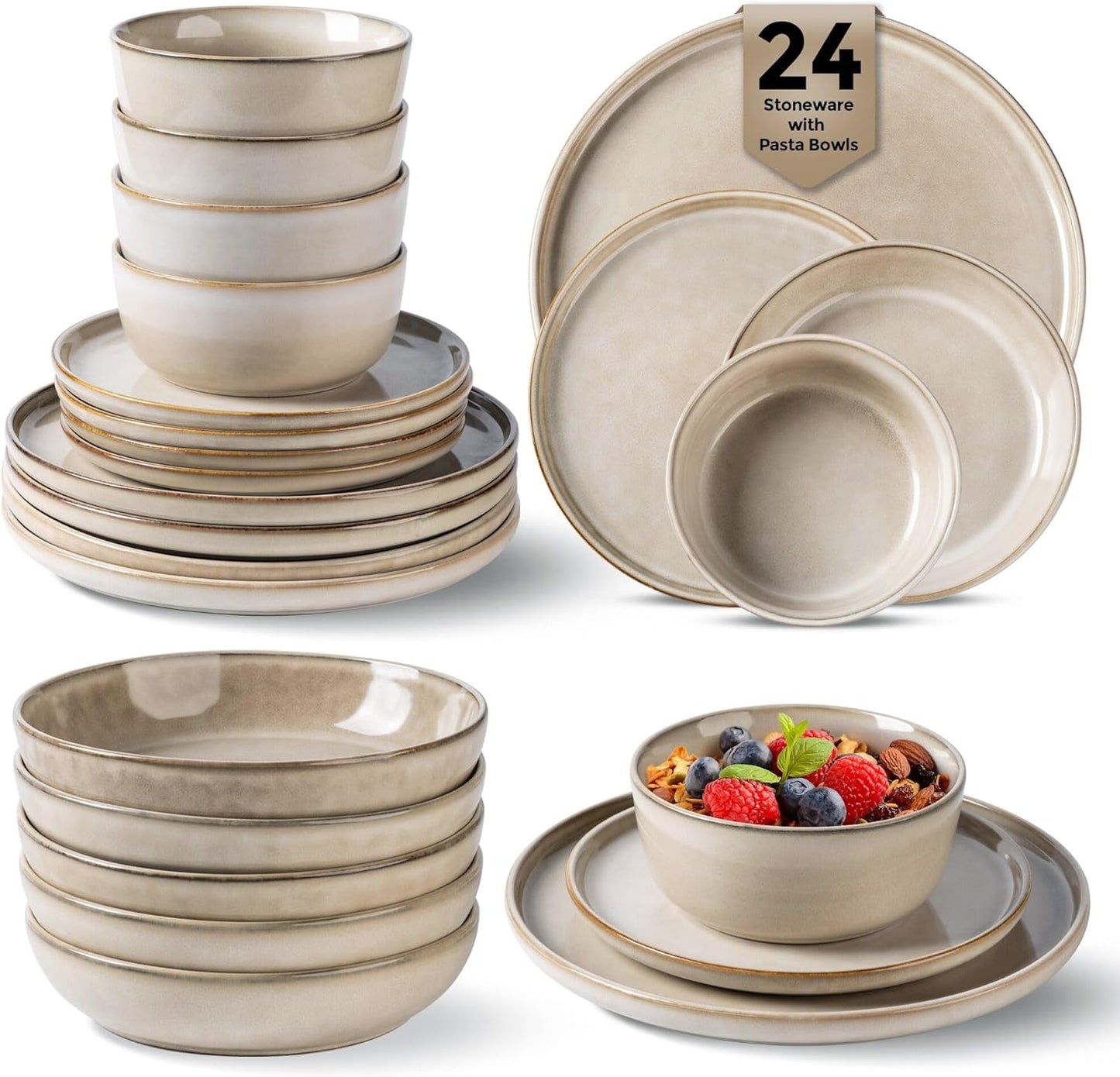 GBHOME 24 Pieces Double Bowls Ceramic Dinnerware Sets for 6, Stoneware Plates and Bowls Set with Reactive Glaze, Scratch Resistant Stoneware Dishes Set, Dishwasher & Microwave Safe