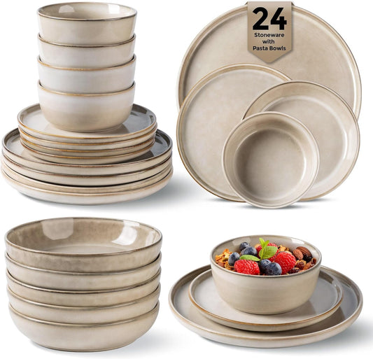 GBHOME 24 Pieces Double Bowls Ceramic Dinnerware Sets for 6, Stoneware Plates and Bowls Set with Reactive Glaze, Scratch Resistant Stoneware Dishes Set, Dishwasher & Microwave Safe