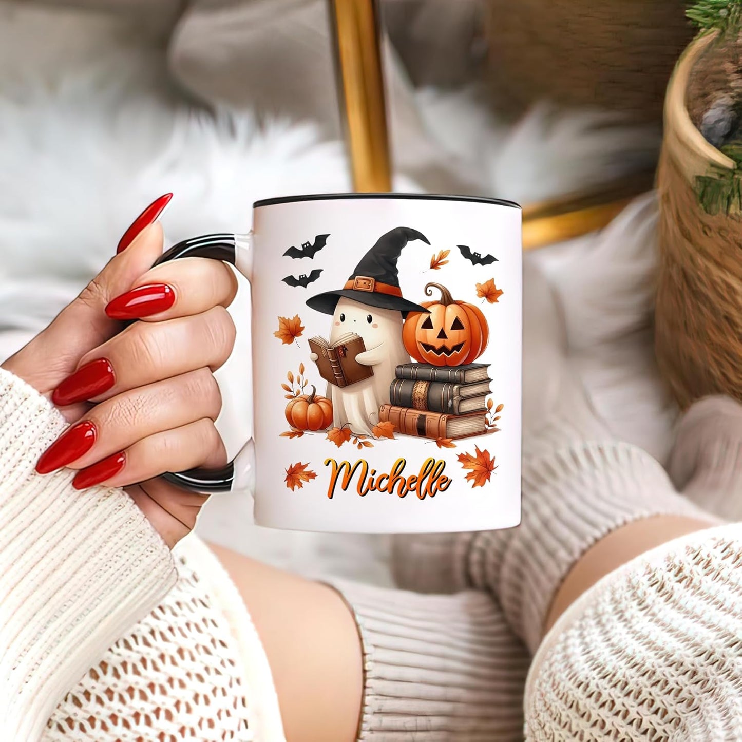 Hyturtle Personalized Cute Ghost Read Book Mug - Book Gifts For Women Lover - Bookish Gift For Bookworm Librarian - Inspirational Librarian Teacher Present - Custom Coffee Cup Ceramic Mug 11 Oz 15 Oz