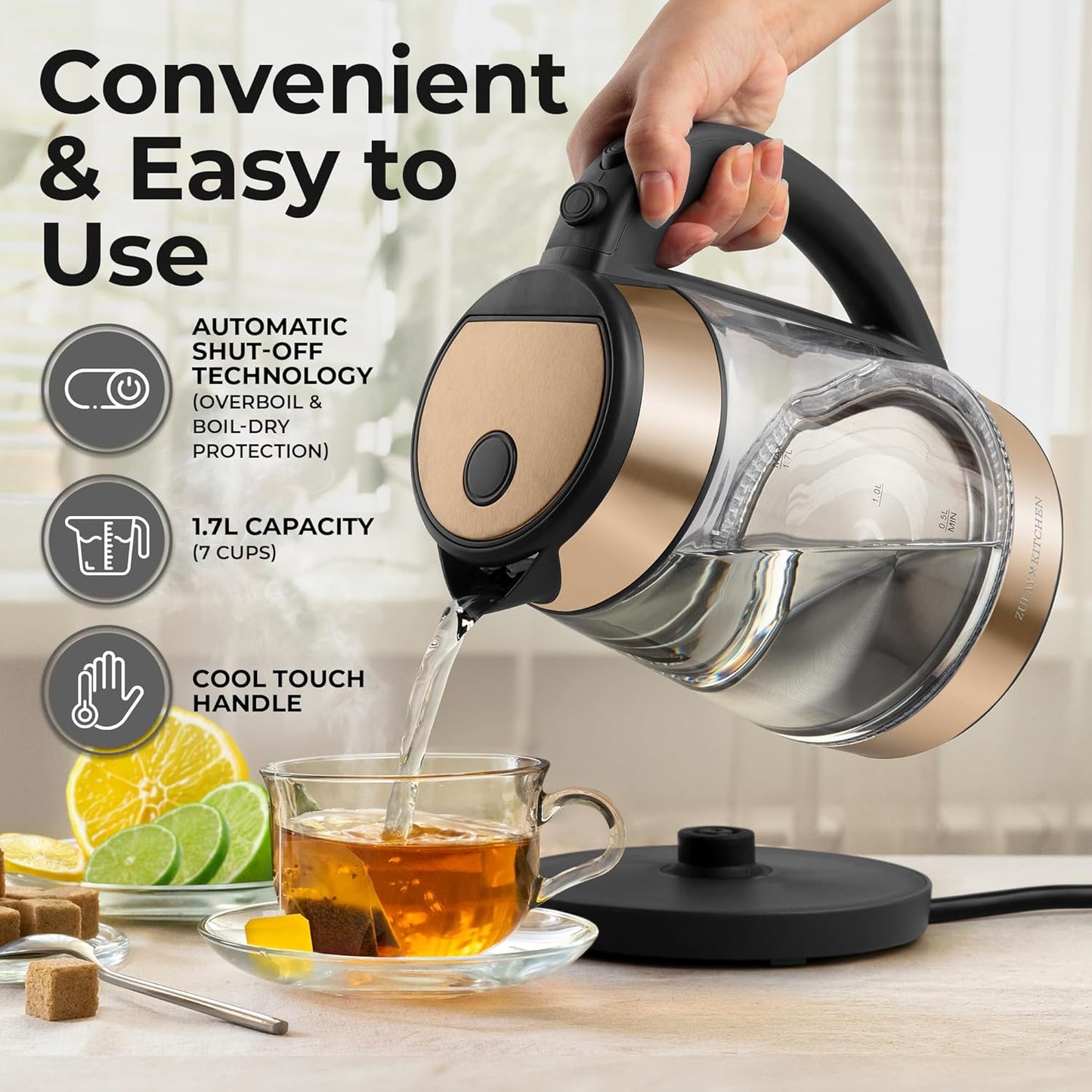 Zulay Kitchen Fast Boiling Electric Water Kettle - 1.7L, 1500W, Auto Shut-Off for Overboil & Boil Dry Protection, Cool-Touch Handle, 360° Base - Rapid Teapot Boiler For Coffee & Tea - Black Copper