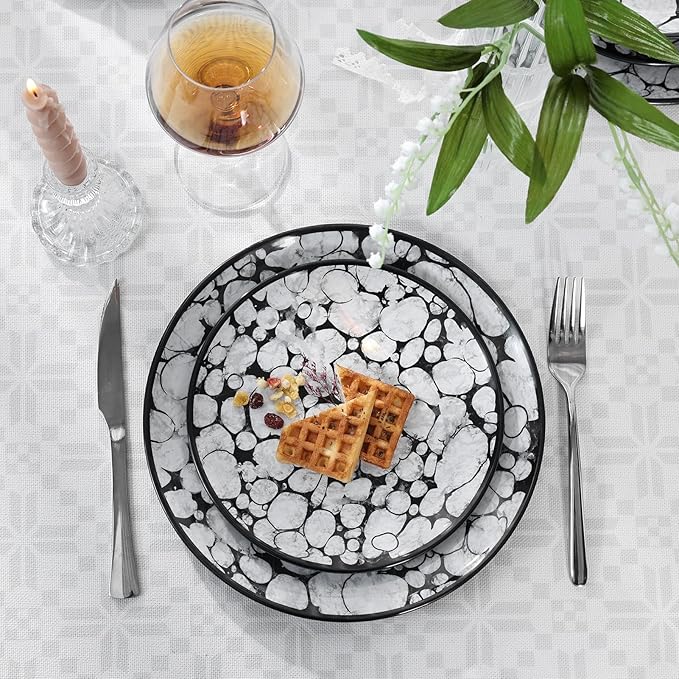 Melamine Dinnerware Sets 12pcs Rustic Farmhouse Dinner Dishes Set Lightweight Service for 4 Plastic Plates and Bowls Set, Modern Gray Bubble