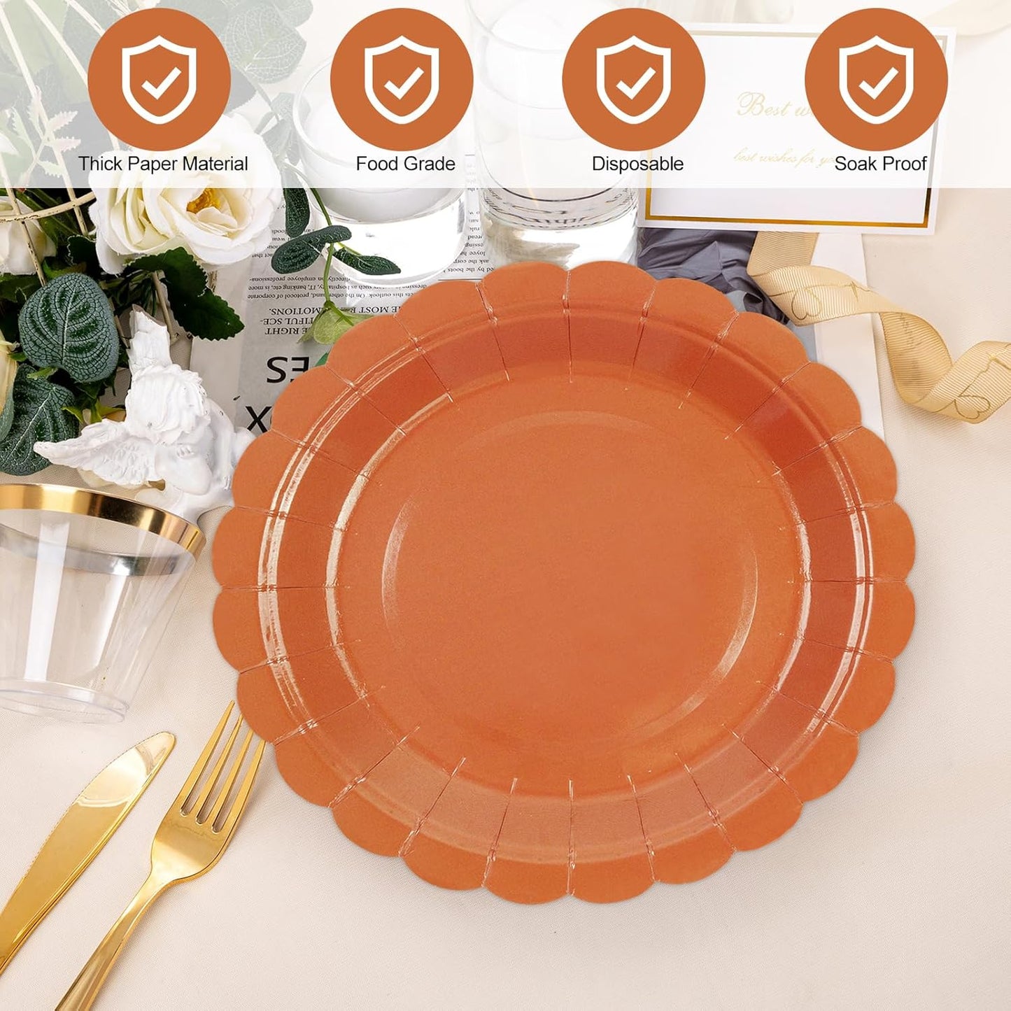 50Pcs Orange Paper Plates-7 Inch Scalloped Fall Birthday Dessert Plates Dinnerware Disposable Dinner Party Supplies for Fall Wedding Baby Shower Table Decor Pininc Party Decor