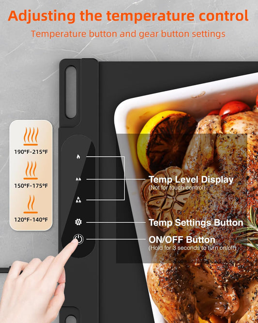 Electric Warming Mat for Food - Full Surface Fast Heating Silicone Tray with 3-Level Temperature, Auto-Off, Raised Feet for Table Protection, Versatile Warmer for Gatherings, Parties, Buffets, Black