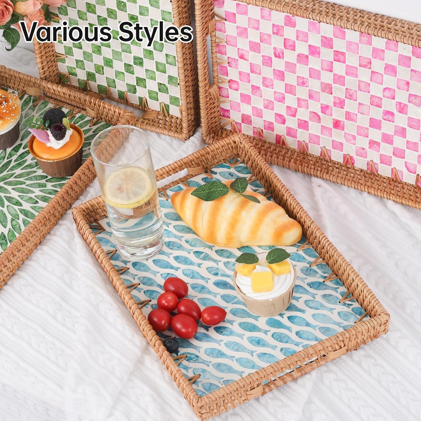Rectangle Rattan Tray with Mother of Pearl Inlay, Rattan Serving Tray with Handle for Coffee, Bread, Fruits, Snacks, Decorative Wicker Tray for Table Decor (Rectangle Turquoise Fish, 13"×9")