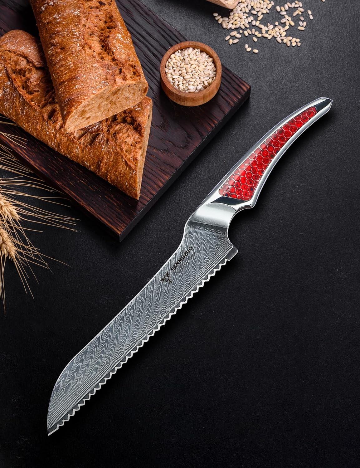 8 inch Serrated Bread Knife, Japanese VG-10 Damascus Steel Kitchen Knife, Ultra Sharp Bread Cutting Knife with Full-tang Handle in Red Resin, LA-S9 Series