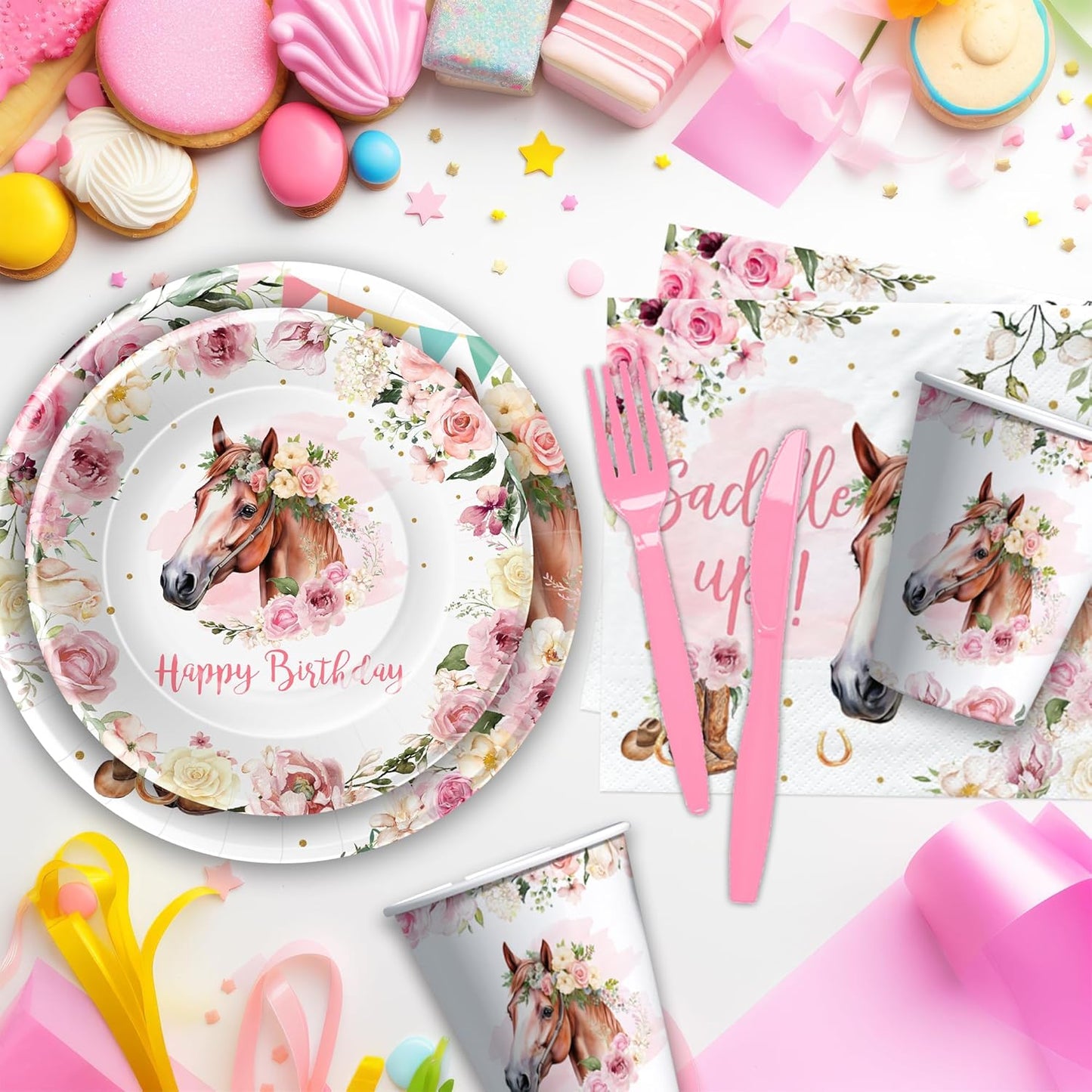 Cowgirl Party Decorations Tableware - Western Horse Birthday Party Supplies For Girl, Plate, Napkin, Fork, Tablecloth, Wild West Cowgirl Birthday Baby Shower Decorations Dinnerware | Serve 24