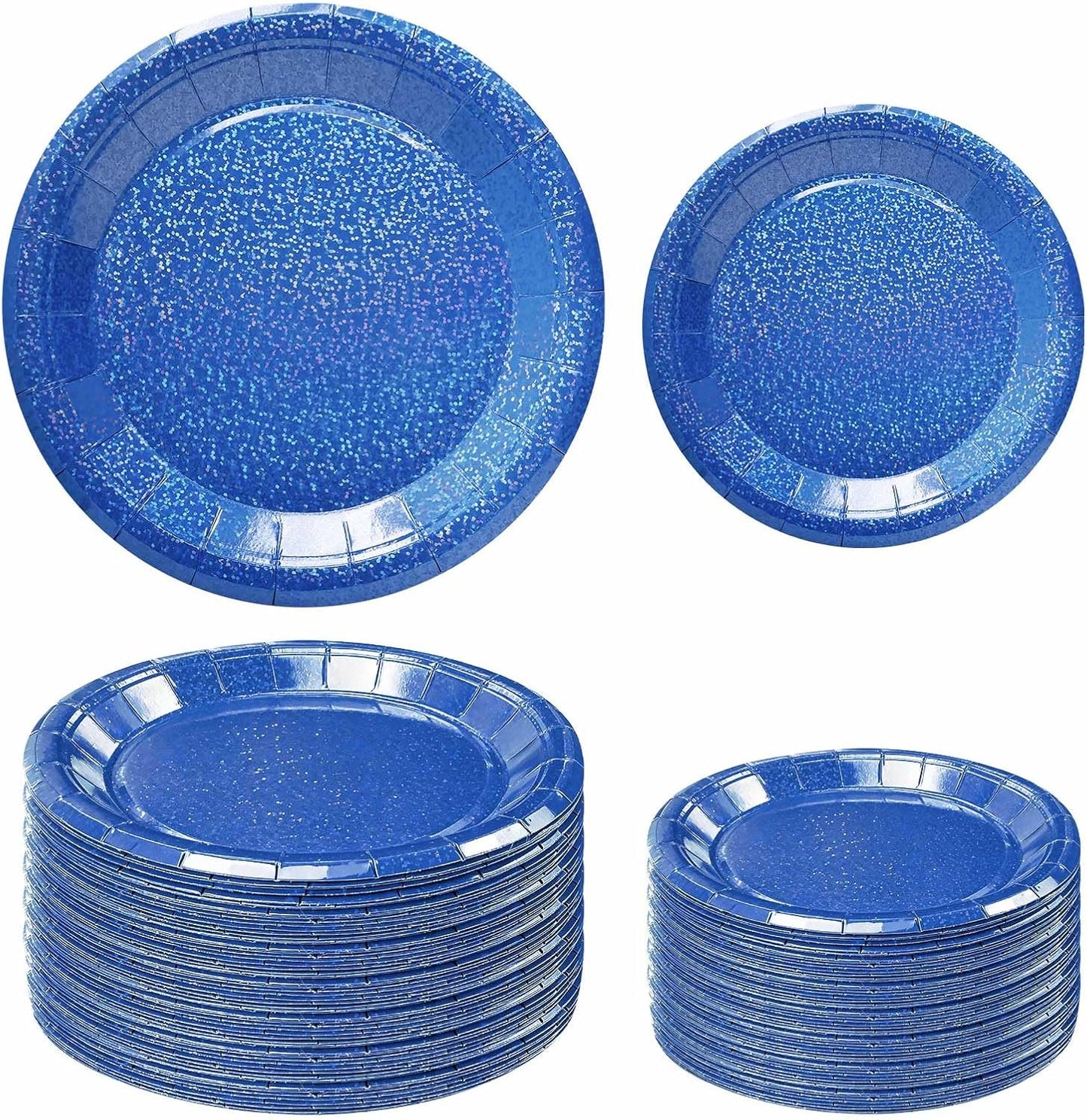 50 Pcs Iridescent Royal Blue Paper Plates 25 × 7'' and 25 × 9'' Disposable Blue Shiny Holographic Foil Dinner Plates for Wedding Baby Shower Birthday Disco Party Glitter Dessert Plate