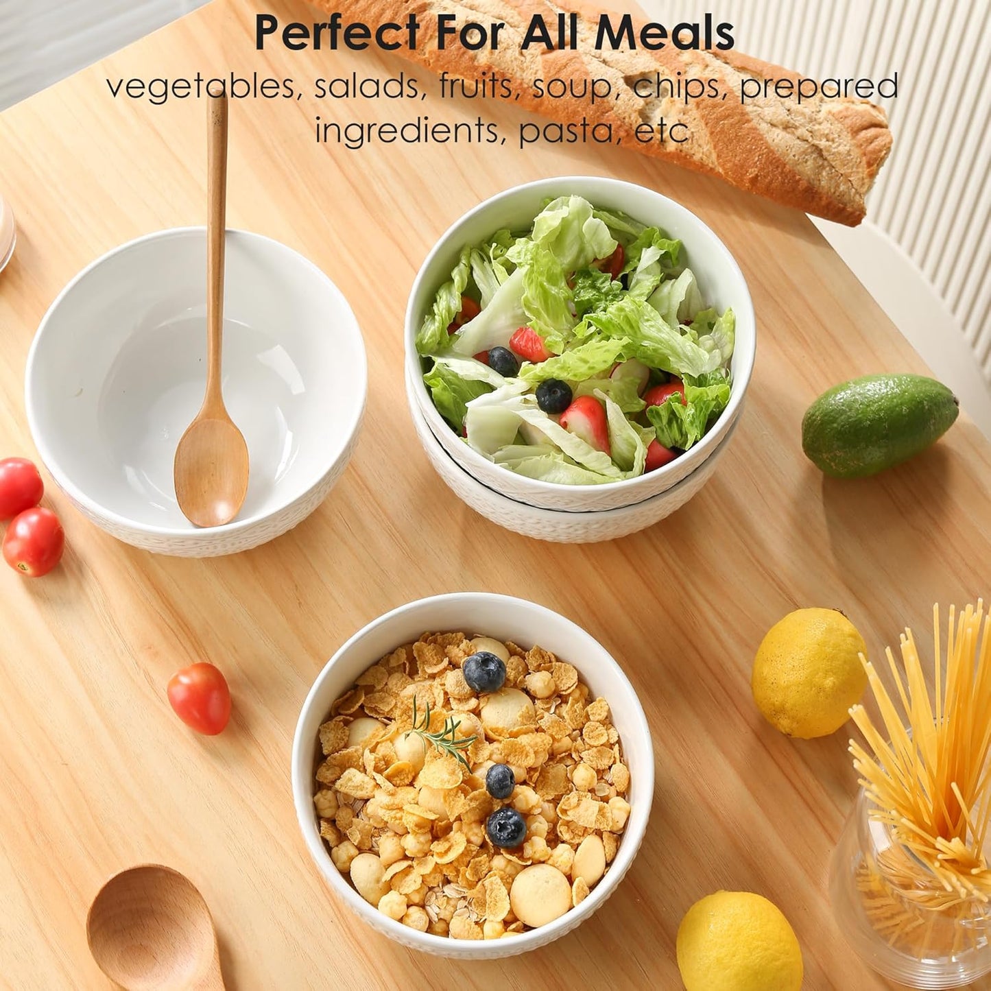 24 OZ Large Soup Bowls Set of 4, Farmhouse Embossment Ceramic Cereal Bowls for Salad, Serving, Fruit, Snack, Noodle, Ramen, Pho, Microwave & Dishwasher Safe, 6 Inch White