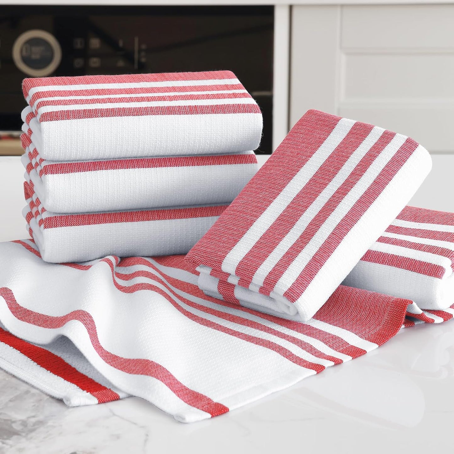 Homaxy Premium Kitchen Towels 18”x 28”, Large Cotton 380 GSM Kitchen Hand Towels, Stripe and Terry Dish Towel, Highly Absorbent Tea Towel Set with Hanging Loop, 6 Pack, Red