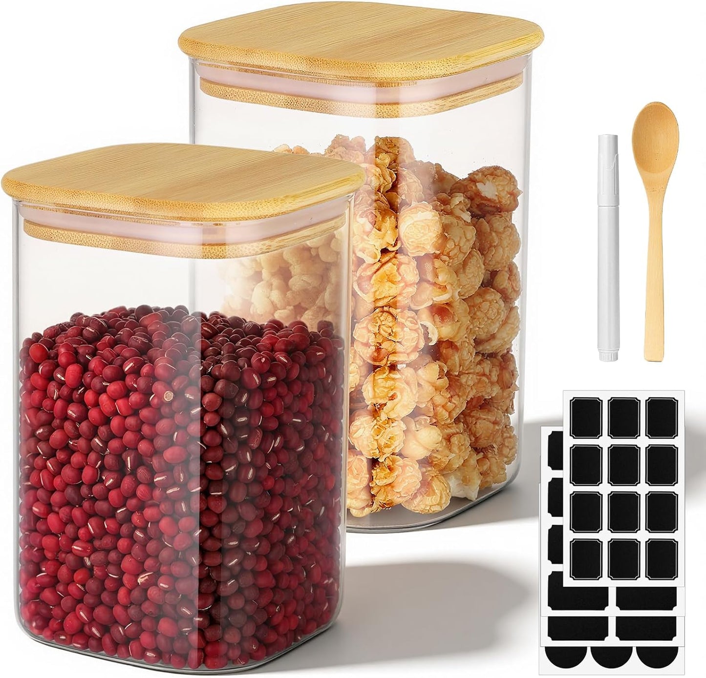 Glass Canisters with Lids, 2 Pack 37 Fl.oz Square Glass Jars with Bamboo Lids, Flour Sugar Containers for Kitchen Pantry Storage, Tea, Coffee Bean, Pasta - Set Includes Label, Marker and Spoon