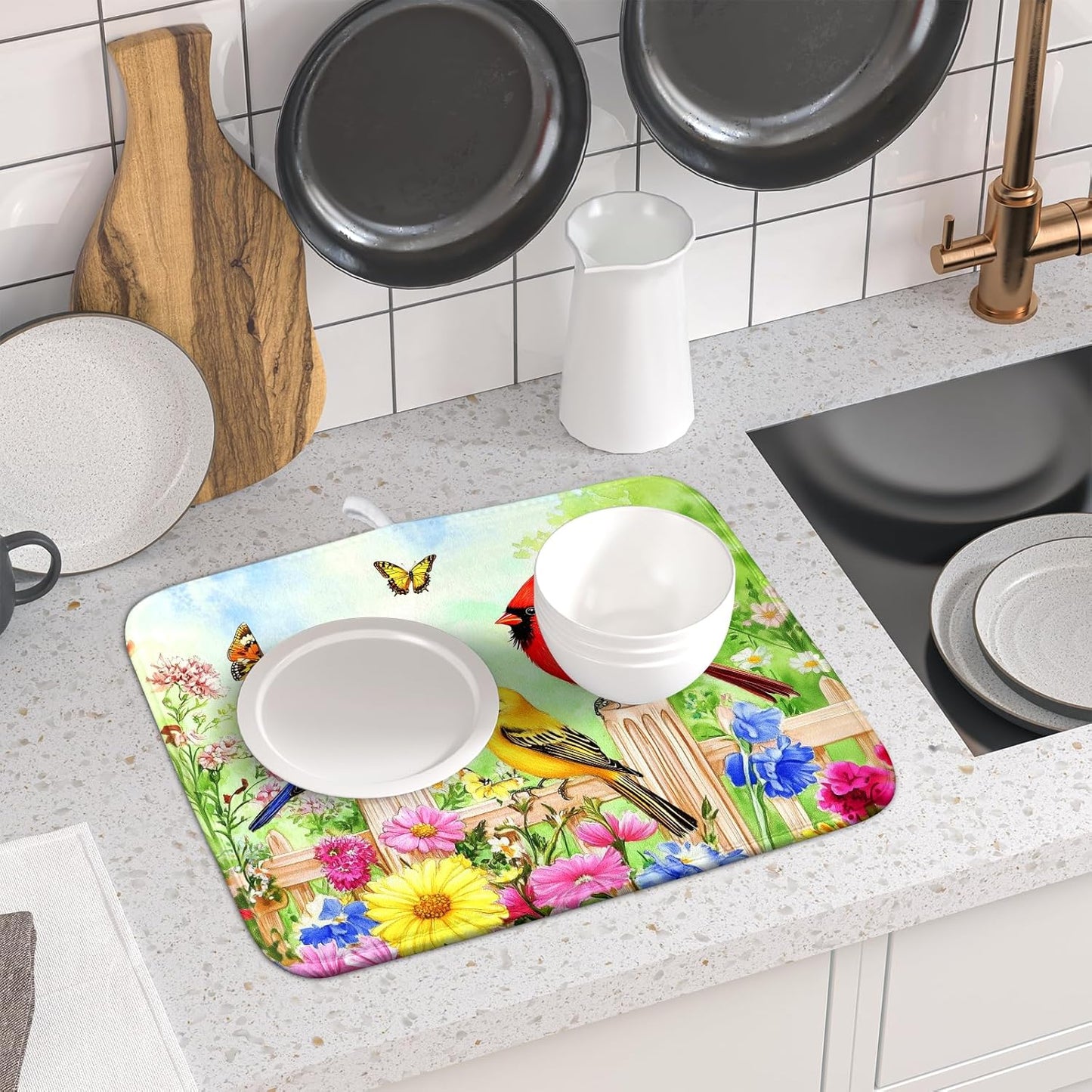 Spring Birds Dish Drying Mats 16x18 Inch,Colorful Flowers Butterfly Absorbent Microfiber Dishes Drainer Rack Mat Tableware Drying Pad for Kitchen Countertop Coffee Bar Sink Decor