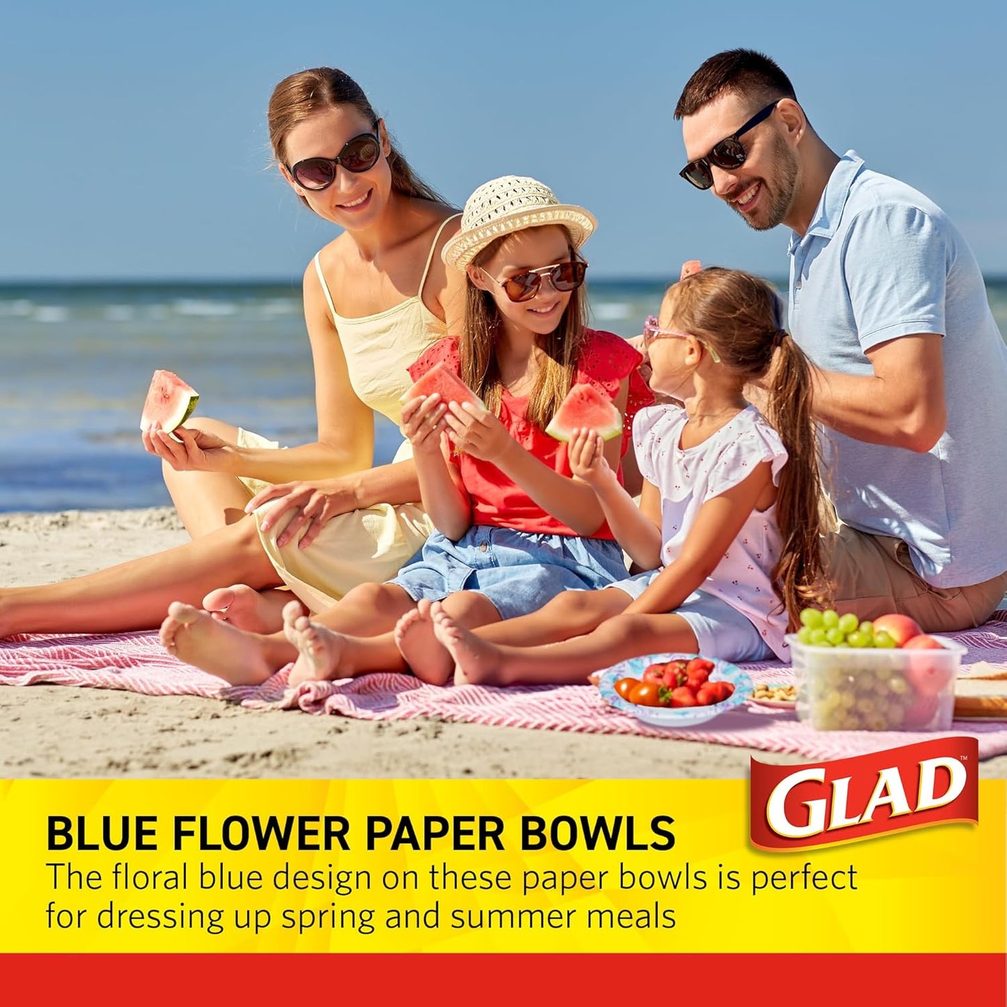 Glad Round Disposable Paper Bowls, Blue Flower Design - Heavy Duty, Soak Proof, Cut-Resistant, Microwavable Bowl for All Foods & Daily Use, 16 Oz, 50 Count