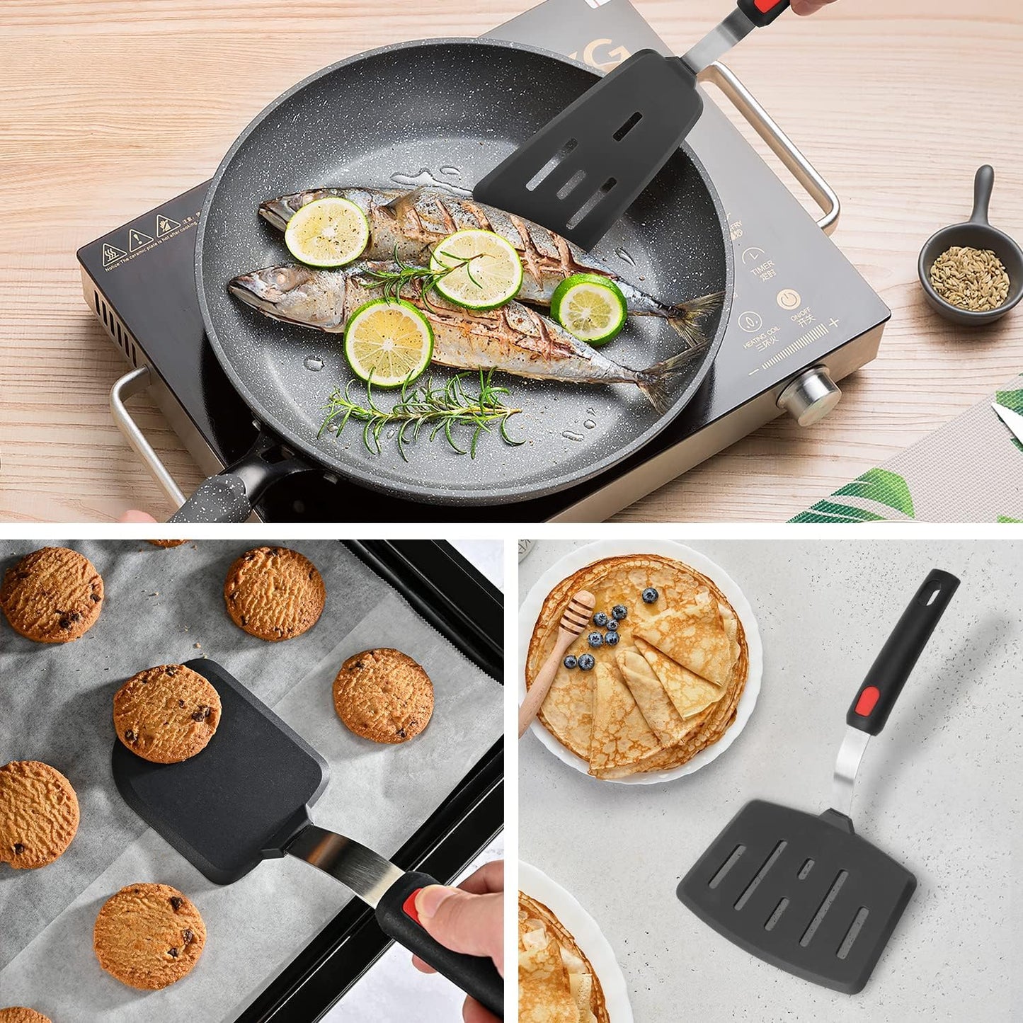 Hotec Silicone Spatula Turner for Nonstick Cookware, Cooking Spatulas 600°F Heat Resistant Large Flexible Rubber Spatula Set of 3, Kitchen Utensils for Flipping Eggs, Burgers, Pancakes, Crepes