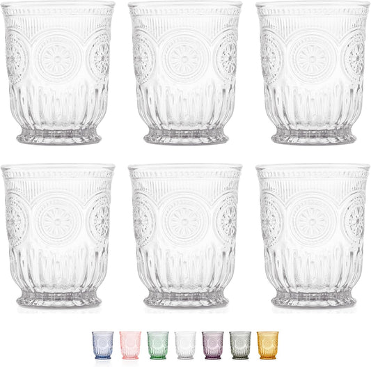 Clear Vintage Small Drinking Glasses set of 6 8oz glass cups with a unique footed design and pressed glass design