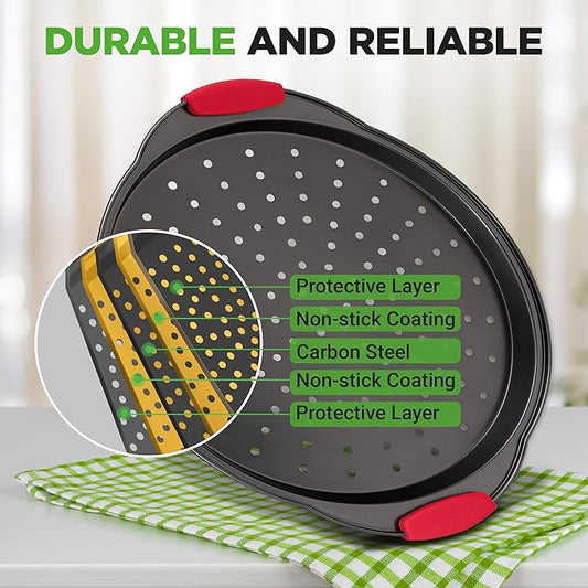NutriChef 2-Piece 13-Inch Nonstick Pizza Tray, Round Carbon Steel Non-Stick Pizza Pan with Perforated Holes, Premium Bakeware Pizza Screen with Silicone Grip Handles, Dishwasher Safe, NCBPIZX2