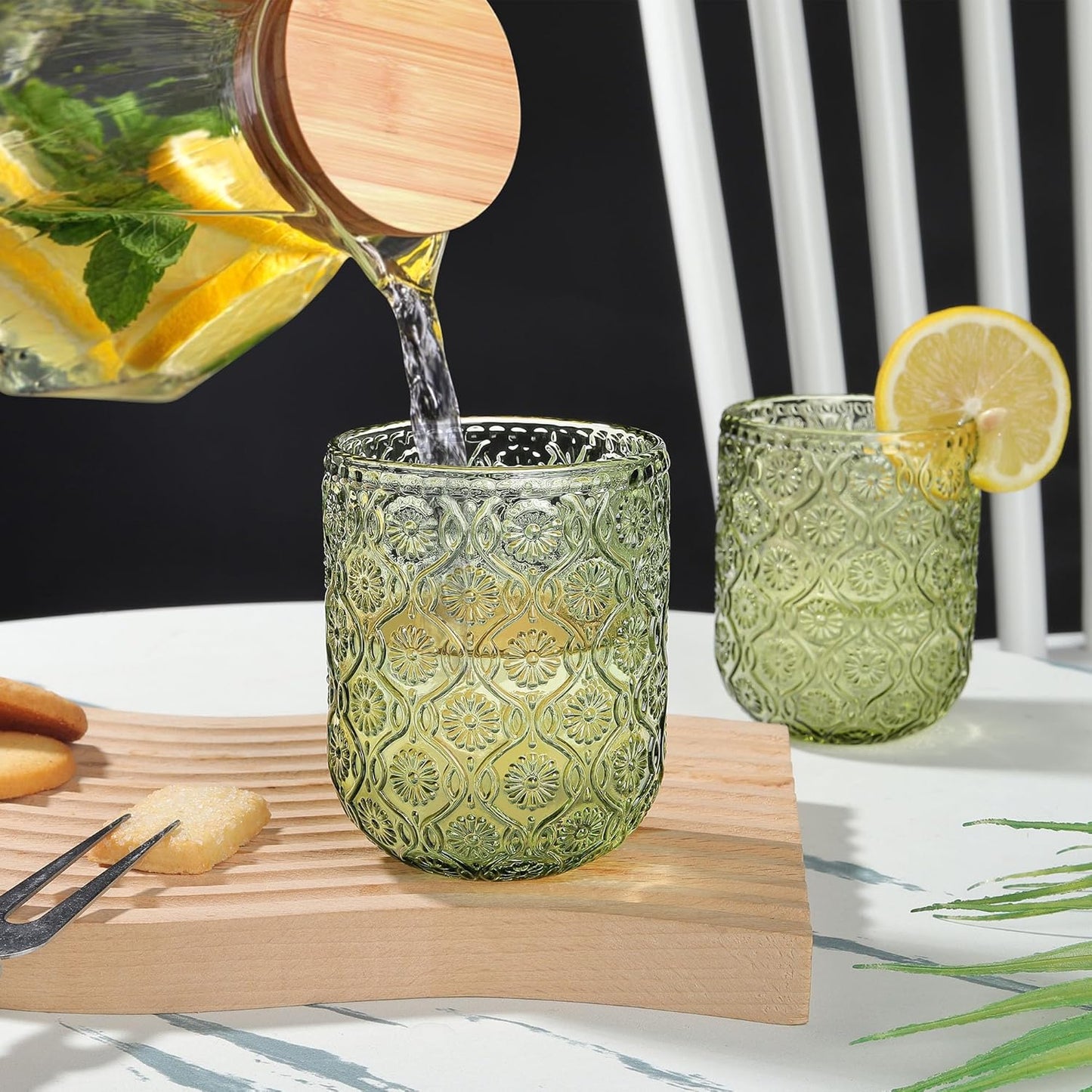 Joeyan Small Green Drinking Glasses,Vintage Embossed Floral Water Glass Tumbler Cups,Colored Beverages Cocktail Juice Wine Glassware,9 oz,Set of 4,Dishwasher Safe