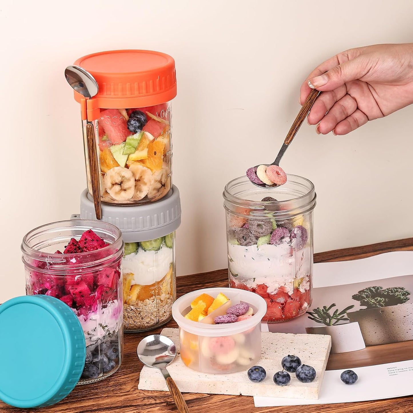 Liuruiyu 6 Pack 16 oz Overnight Oats Containers with Lids and Spoons, Wide Mouth Mason Jars with Removable Separate Compartments, Airtight and Leak-Proof Glass Jars for Chia Pudding, Yogurt, Parfait