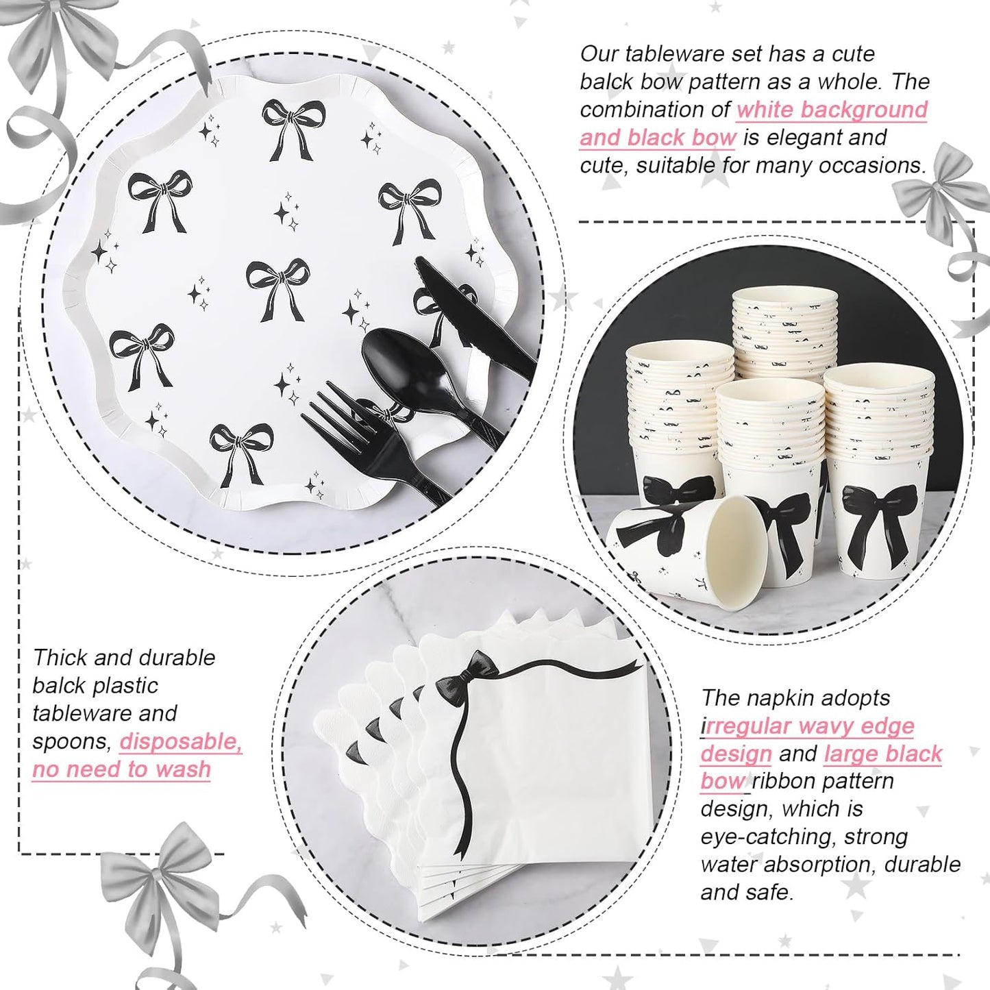 Sawysine 202 Pcs Black Bow Party Supplies Disposable Dinnerware Set 50 Plates 25 Cups 25 Napkins 25 Plastic Forks 25 Knives 25 Spoons 25 Straw Flag Tablecloth to Serve 25 Guests