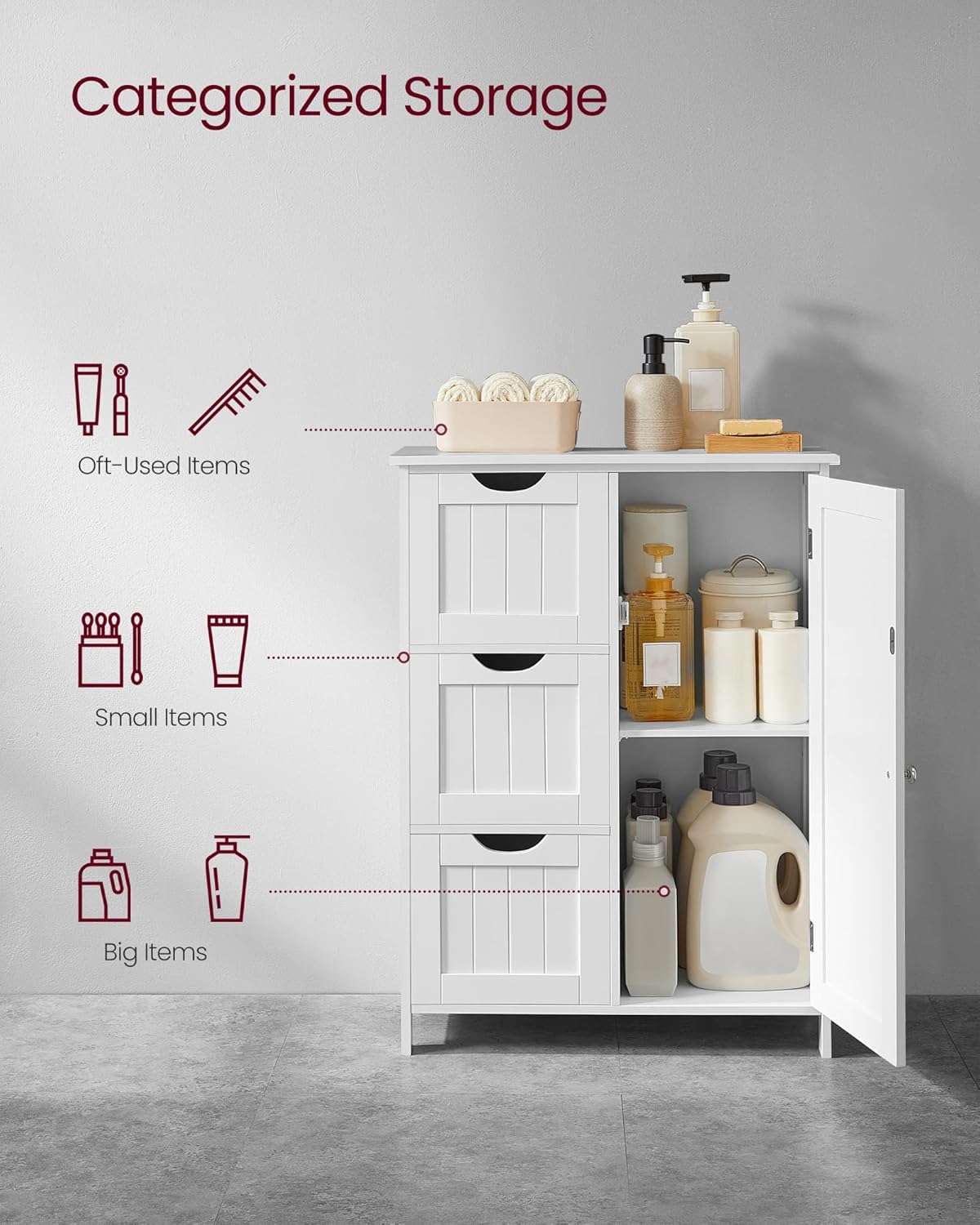 VASAGLE Floor Storage Cabinet, Freestanding Storage Unit with 3 Drawers, 1 Adjustable Shelf, for Bathroom Living Room Dining Kitchen, 11.8 x 23.6 x 31.5 Inches, White UBBC49WT