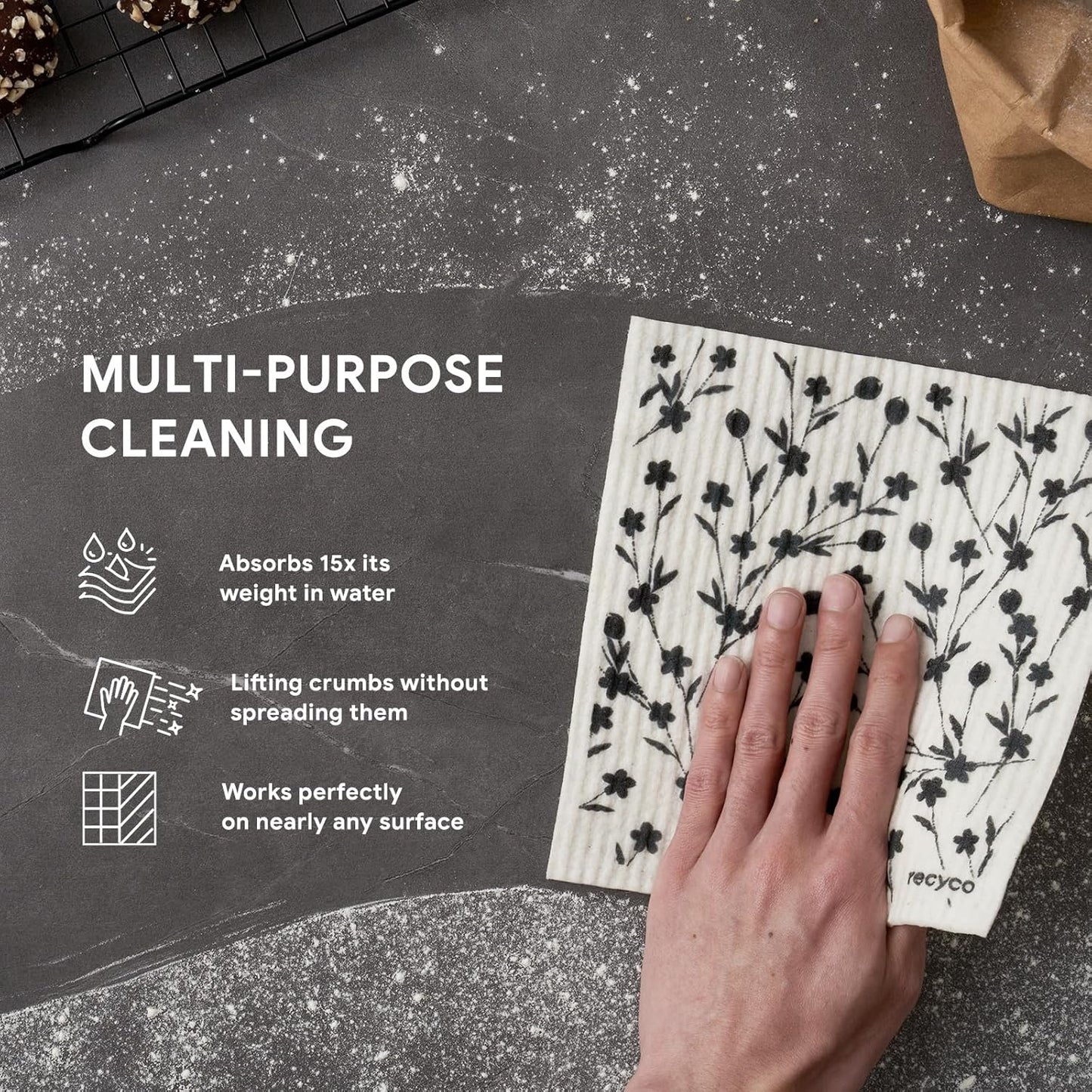 RECYCO Swedish Dishcloths for Kitchen | 5 Pack Geometric Washable Dish Rags | Cellulose Reusable Cleaning Paper Towels | Absorbent Counter Dish Cloth Sponge Kitchen Wipes, 8" L x 7" W