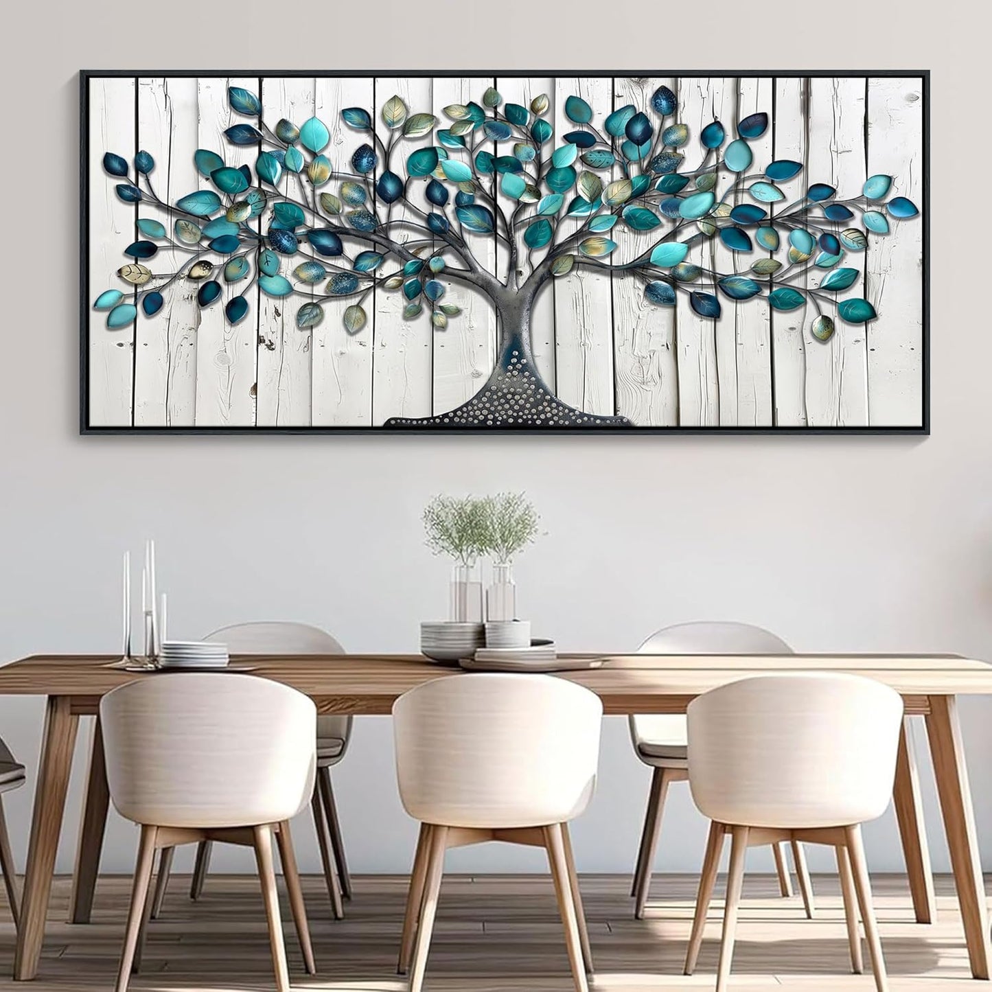 CHATYOUNG Large Trees Wall Art - Teal Leaves Gray Wood Texture Background Paintings Abstract Tree of Life Pictures Artwork for Living Room Bedroom Office Kitchen Home Decor 71"x32"