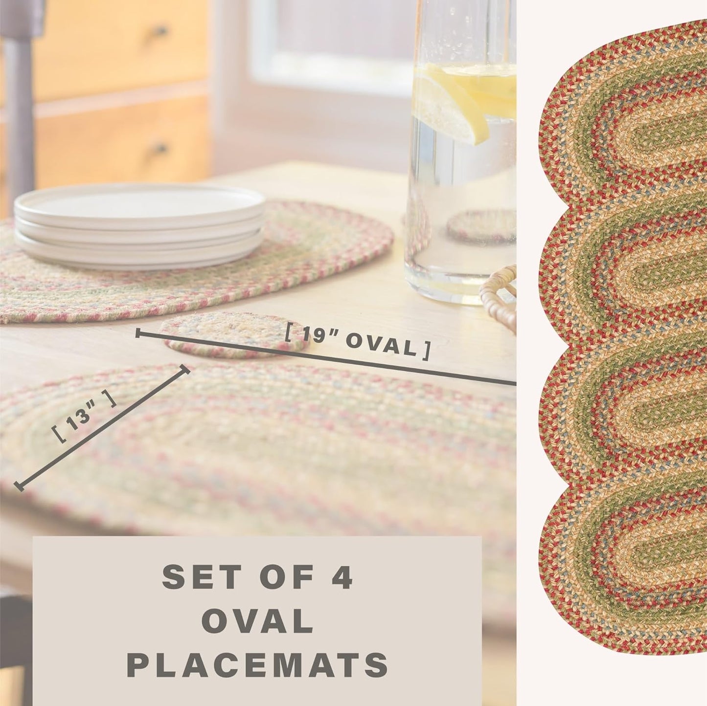 Homespice Azalea Jute Braided Placemats, Warm Country Primitive Decor, Set of 4, Multicolor 13x19 Oval Table Mats - Vibrant Colors, Durable, Easy to Clean and Protects Furniture