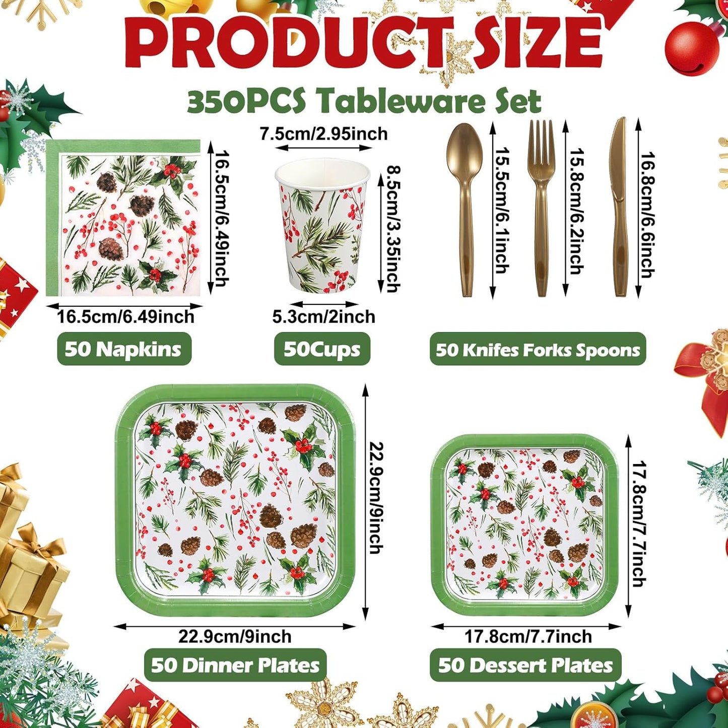 350 Pcs Paper Plates and Napkins Set Disposable Dinnerware Party Supplies Tableware Serve 50 Guest Cups Knife Forks Spoon(Green,Pine Cones)