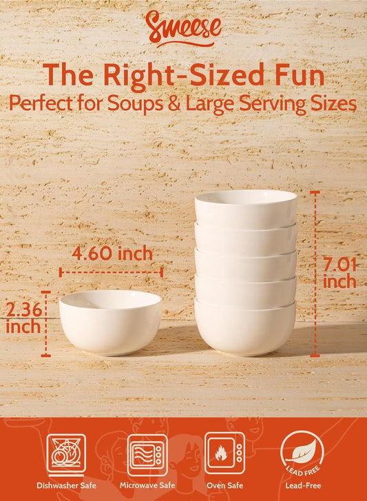 Sweese 10 Oz Porcelain Bowls Set of 6 - Versatile for Cereal, Soup, Salad, Pasta, Oatmeal - Microwave Dishwasher Safe, White
