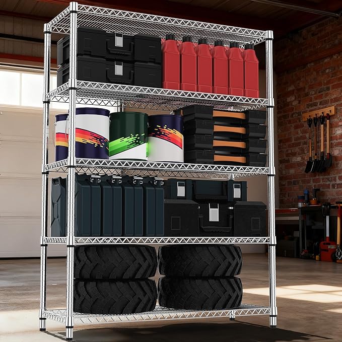 5 Tiers Shelf Metal Storage Shelves 3300 lbs Steel Storage Shelving Utility Shelving Unit Steel Organizer Wire Rack for Home,Kitchen,Office,Garage Chrome 17.7" D x 47.2" W x 70.3" H