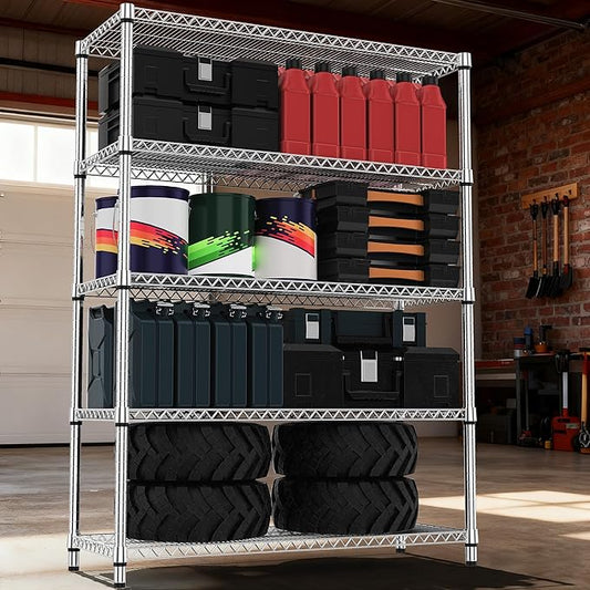 5 Tiers Shelf Metal Storage Shelves 3300 lbs Steel Storage Shelving Utility Shelving Unit Steel Organizer Wire Rack for Home,Kitchen,Office,Garage Chrome 17.7" D x 47.2" W x 70.3" H