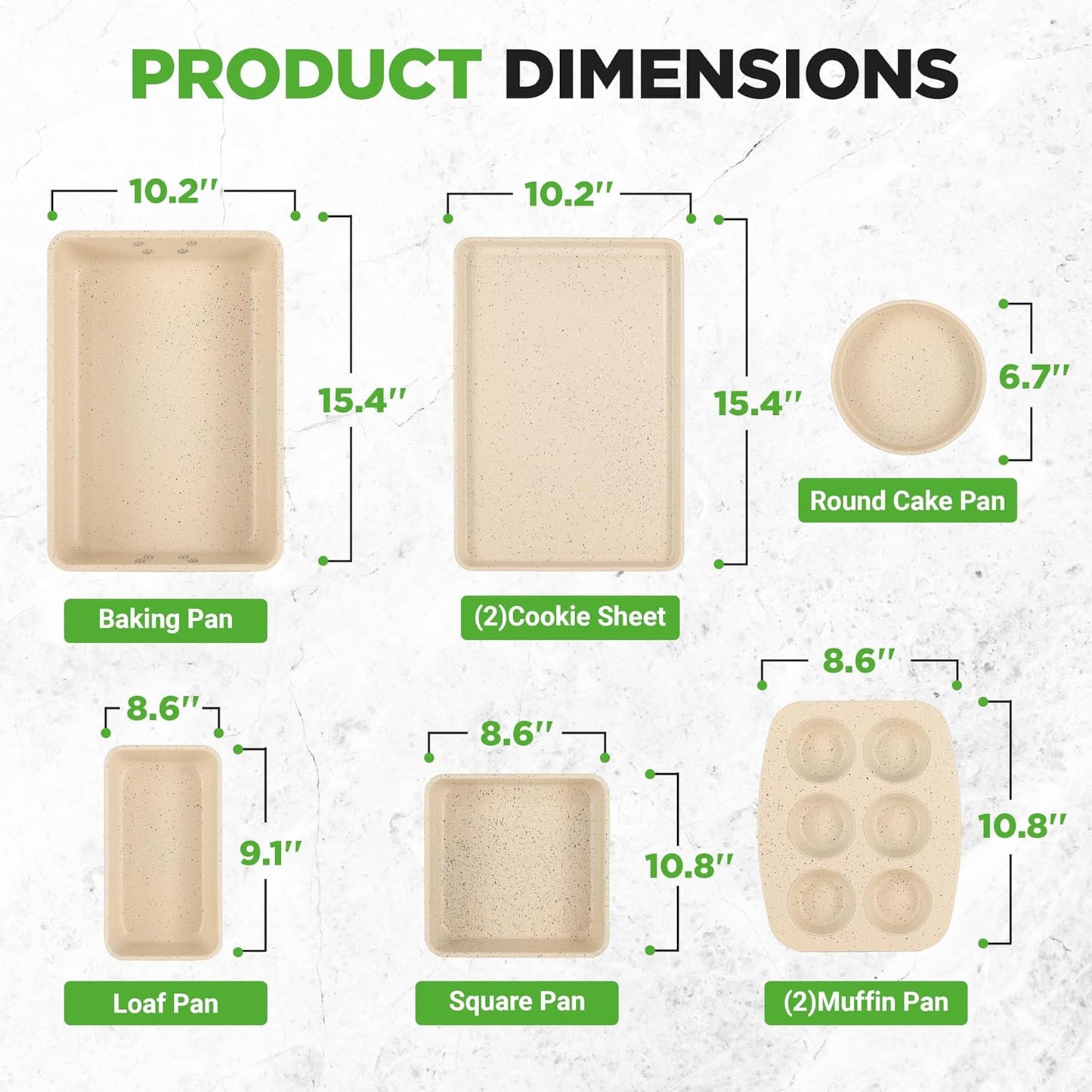 NutriChef 8-Piece Stackable Bakeware Set - Carbon Steel Non-Stick Baking Pan Set, Sheet, Muffin, Round, Loaf, Square Cake & Deep Pans, 450°F Heat Resistant, Standard & Convection Ovens (Marble Cream)