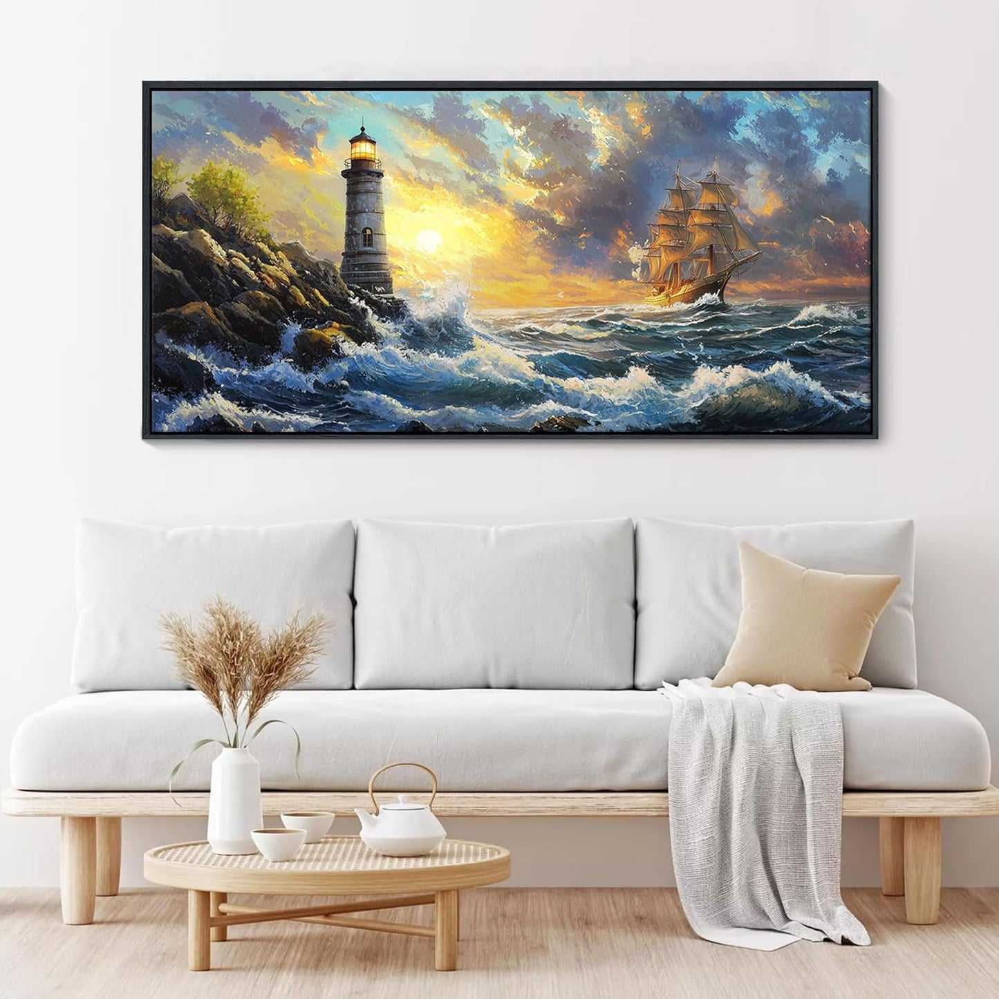 CHATYOUNG Large Wall Art Living Room, Ocean Sunrise Big Waves Wall Pictures Beach Sailboat Lighthouse Landscape Canvas Framed Paintings for Bedroom Kitchen Office Home Artwork Decor 24x48 IN
