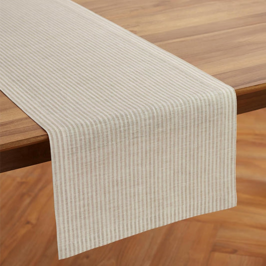 Solino Home Linen Striped Table Runner 120 Inches Long - Narrow Stripe 100% Pure Linen Natural and White Dining Table Runner 14 x 120 Inch for Fall, Autumn, Thanksgiving, Christmas