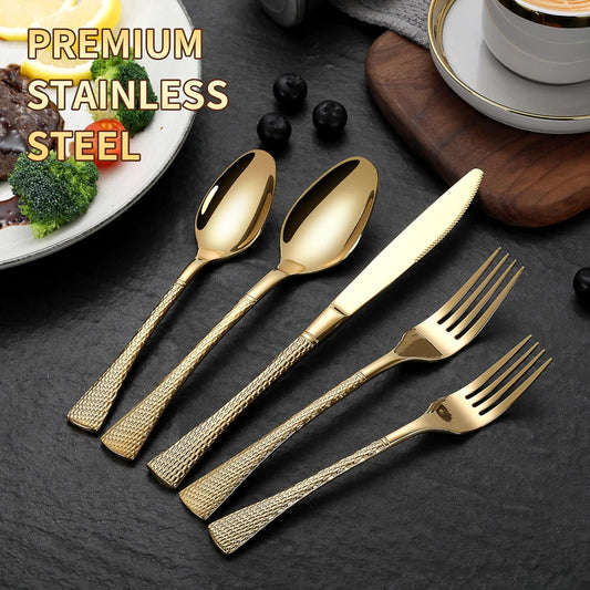 Lemeya Hammered Gold Silverware Set for 8,Stainless Steel 40-Piece Modern Cutlery Set,Mirror Polished Heavy Duty Flatware Set Utensil Set,Knives Spoons and Forks Set,Dishwasher Safe