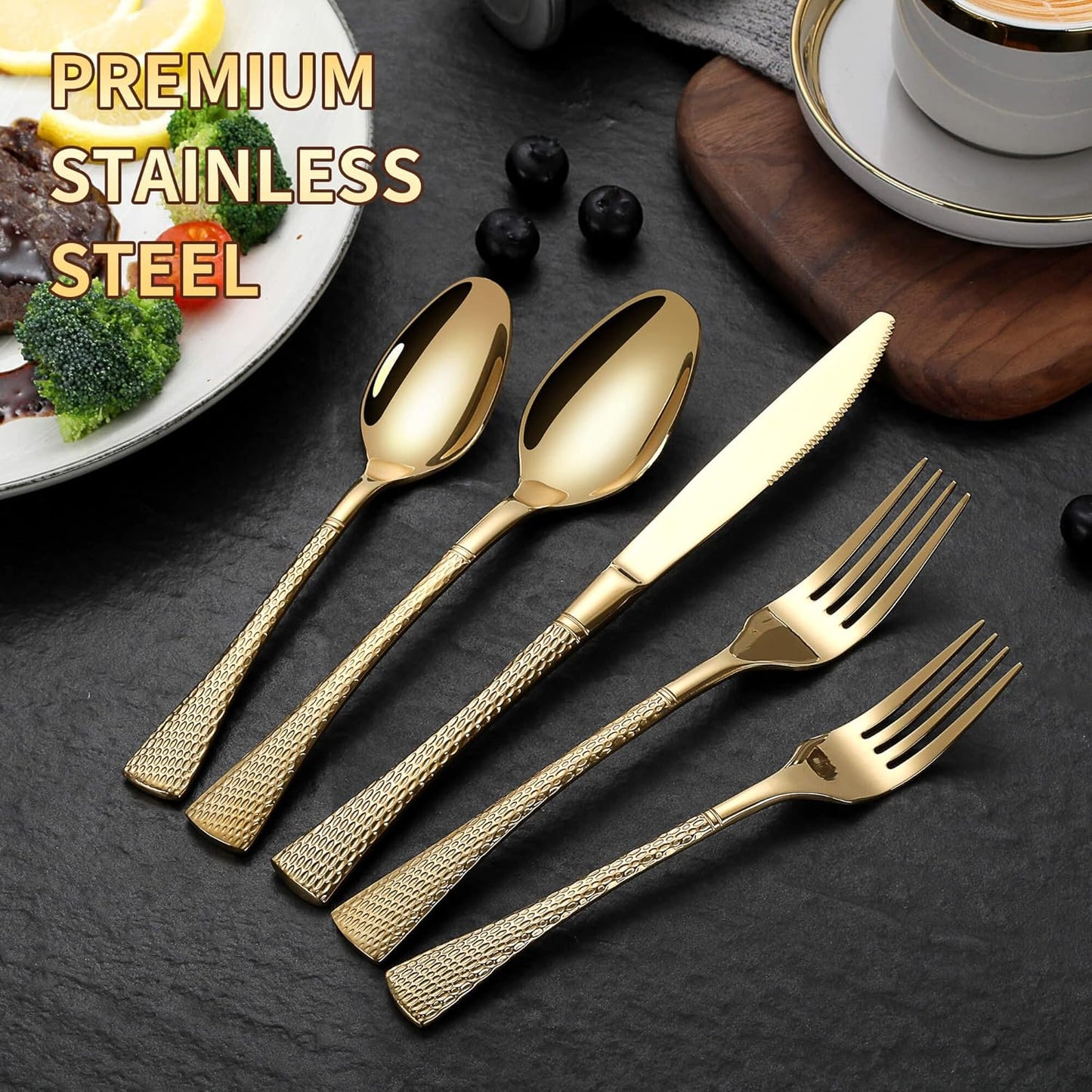 Lemeya Hammered Gold Silverware Set,20 Piece Modern Flatware Set Service for 4,Mirror Polished Stainless Steel Cutlery Set Utensil Set Tableware Set,Kitchen Knives Forks Spoons Set,Dishwasher Safe