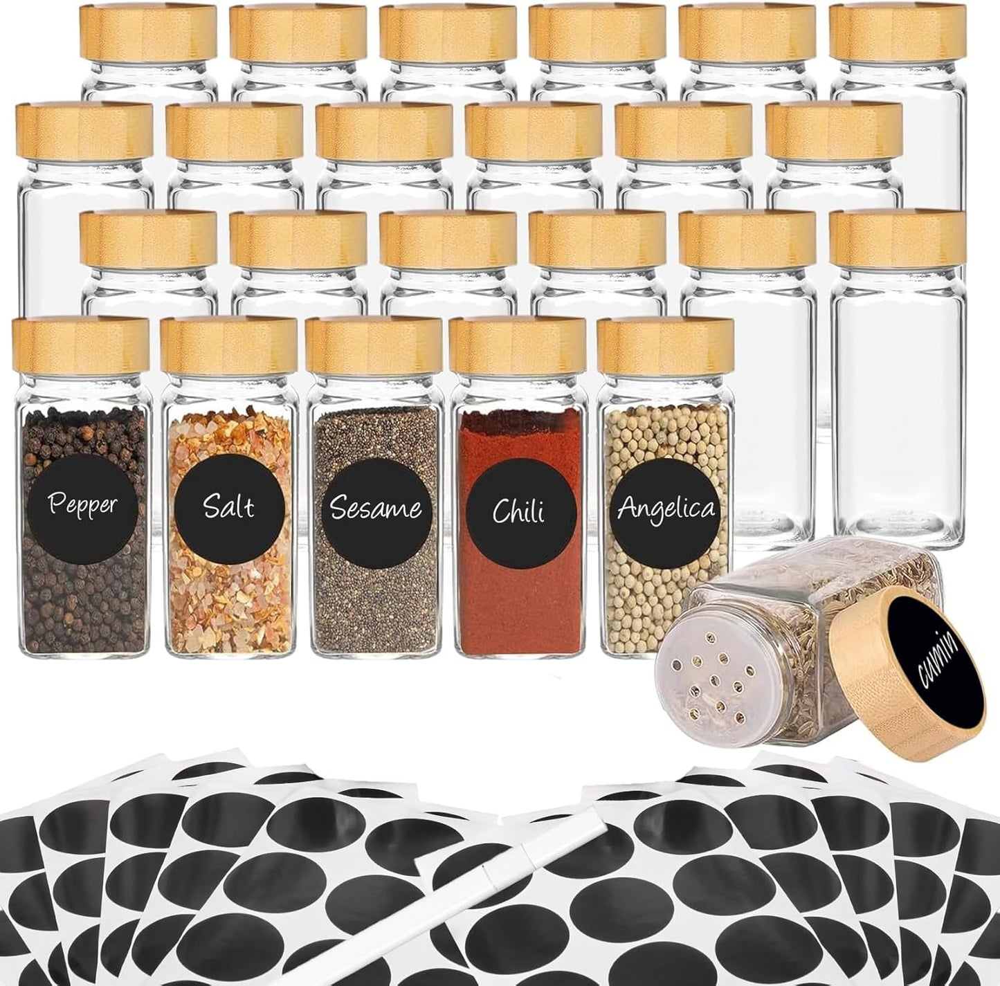 24Pcs Spice Jars with Label, 4oz Empty Square Seasoning Containers, Spice Jars with Shaker Lids, Small Spice Bottles for Salt, Herbs, Sugar, Pepper, Seasoning Jars for Spice Rack, Cabinet, or Drawer
