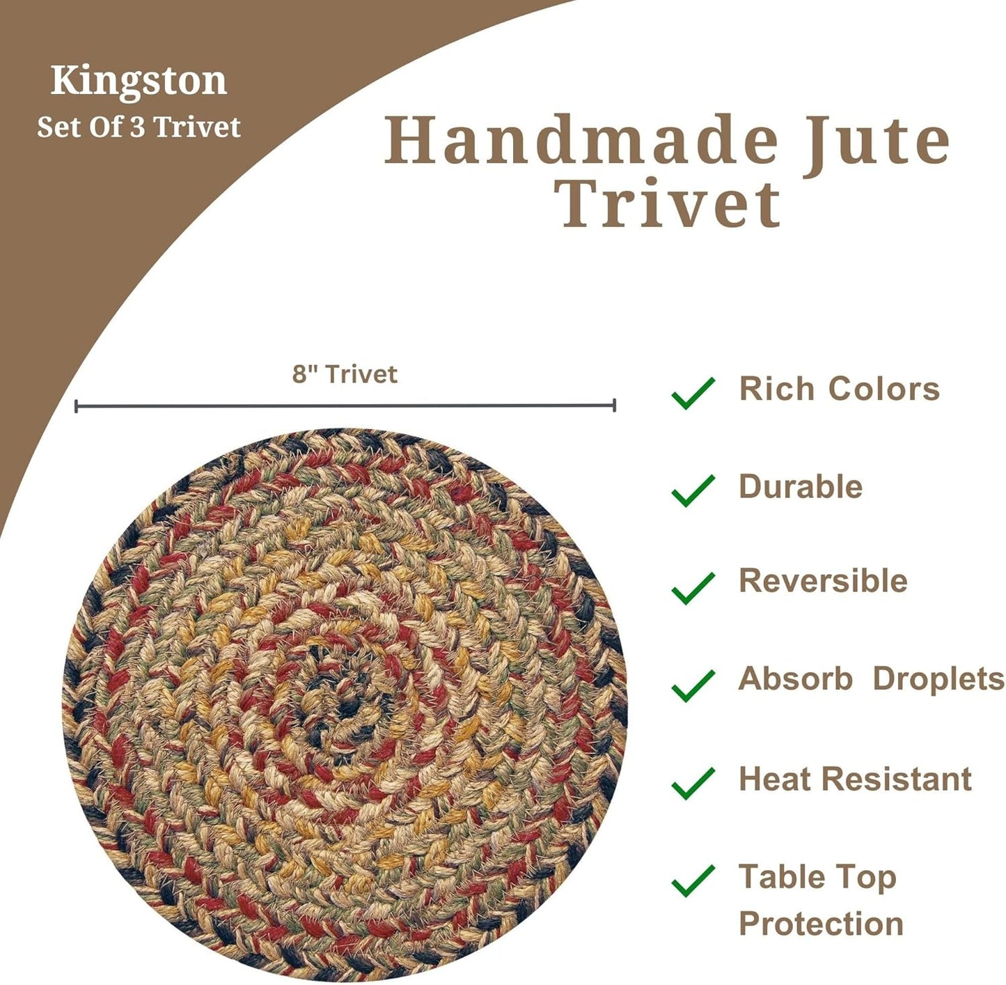 Homespice Kingston Jute Braided Trivets for Table, Warm Country Decor, Set of 3, Multicolor 8" Round Heat Resistant Mats - Rich Colors, Easy to Clean, Durable and Protects Furniture