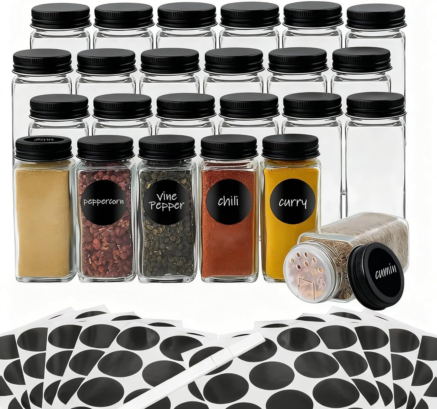 24Pcs Spice Jars with Label, 4oz Empty Square Seasoning Containers, Spice Jars with Shaker Lids, Small Spice Bottles for Salt, Herbs, Sugar, Pepper, Seasoning Jars for Spice Rack, Cabinet, or Drawer