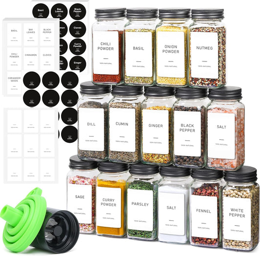 ComSaf 15Pcs 4oz Glass Spice Jars with Shaker Lids, 93 Labels, a Handy Funnel, a Pepper Grinder, Empty Spice Containers and Square Spice Bottles for Kitchen and Seasoning