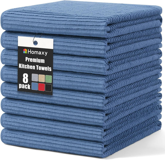 Homaxy Premium Kitchen Towels (18"x 28", 8 Pack), Large 100% Cotton Kitchen Hand Towels, Ultra Absorbent Ribbed Terry Tea Towels Set with Hanging Loop, Navy Blue