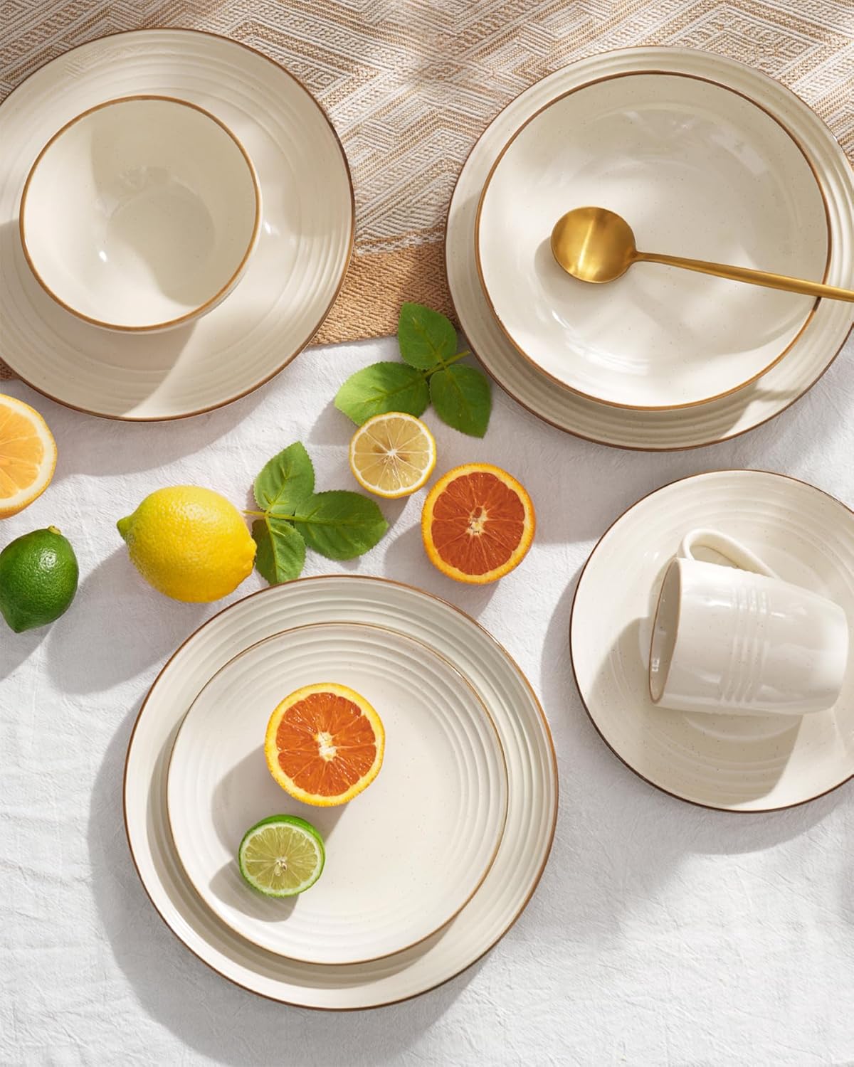 Famiware Jupiter Dinnerware Set, Plates and Bowls Dish Sets for 4 (12 Pieces), Microwave and Dishwasher Safe Stoneware Speckled Tableware, Chip and Scratch Resistant, Vanilla White