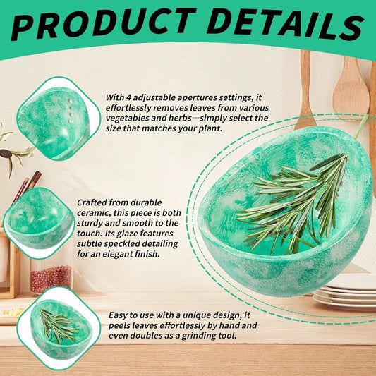 Herb Stripper Bowl, Handmade Ceramic Herb Peeling Bowl, Multiple Hole Sizes for Easy Leaf and Stem Separation, Durable and Dishwasher Safe Herb Stripping Tool for Kitchen Cooking-Green