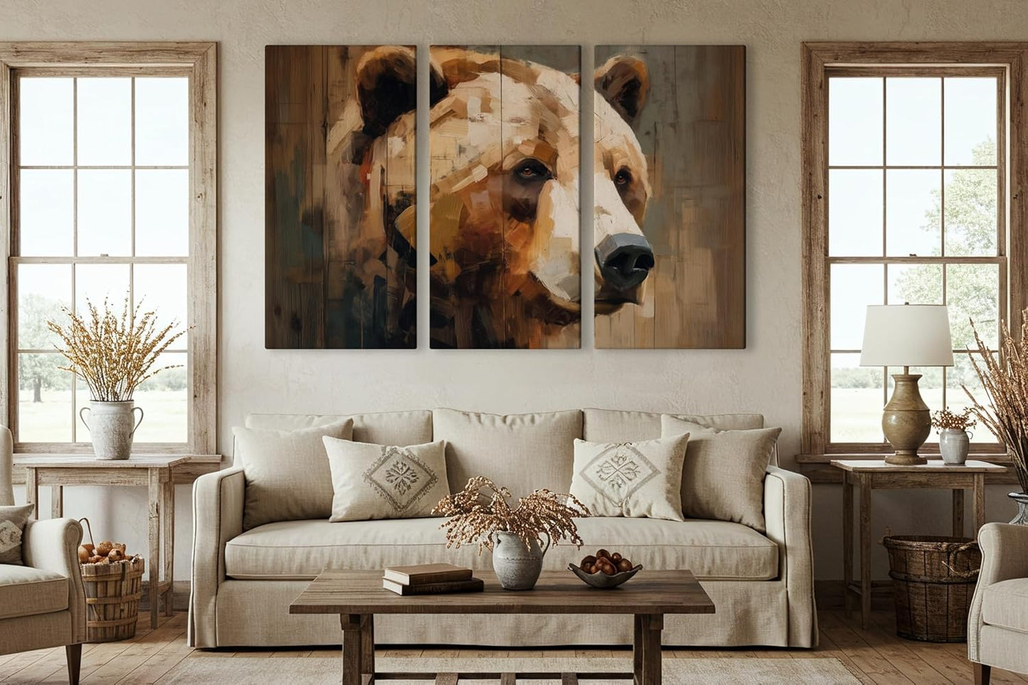 Wildlife Canvas Prints - Wild Animals Home Decor - Medium, Large, and Extra Large Wall Art for Living Room, Bathroom, Kitchen (Brushstroke Bear, 47L" x 71W" - 3 panels)