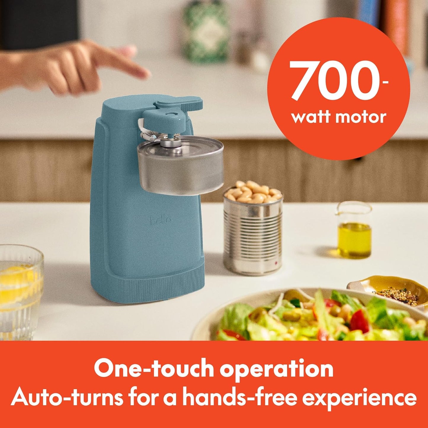 bella Electric Can Opener and Knife Sharpener, Multifunctional Jar and Bottle Opener with Removable Cutting Lever and Cord Storage, Stainless Steel Blade, Surf