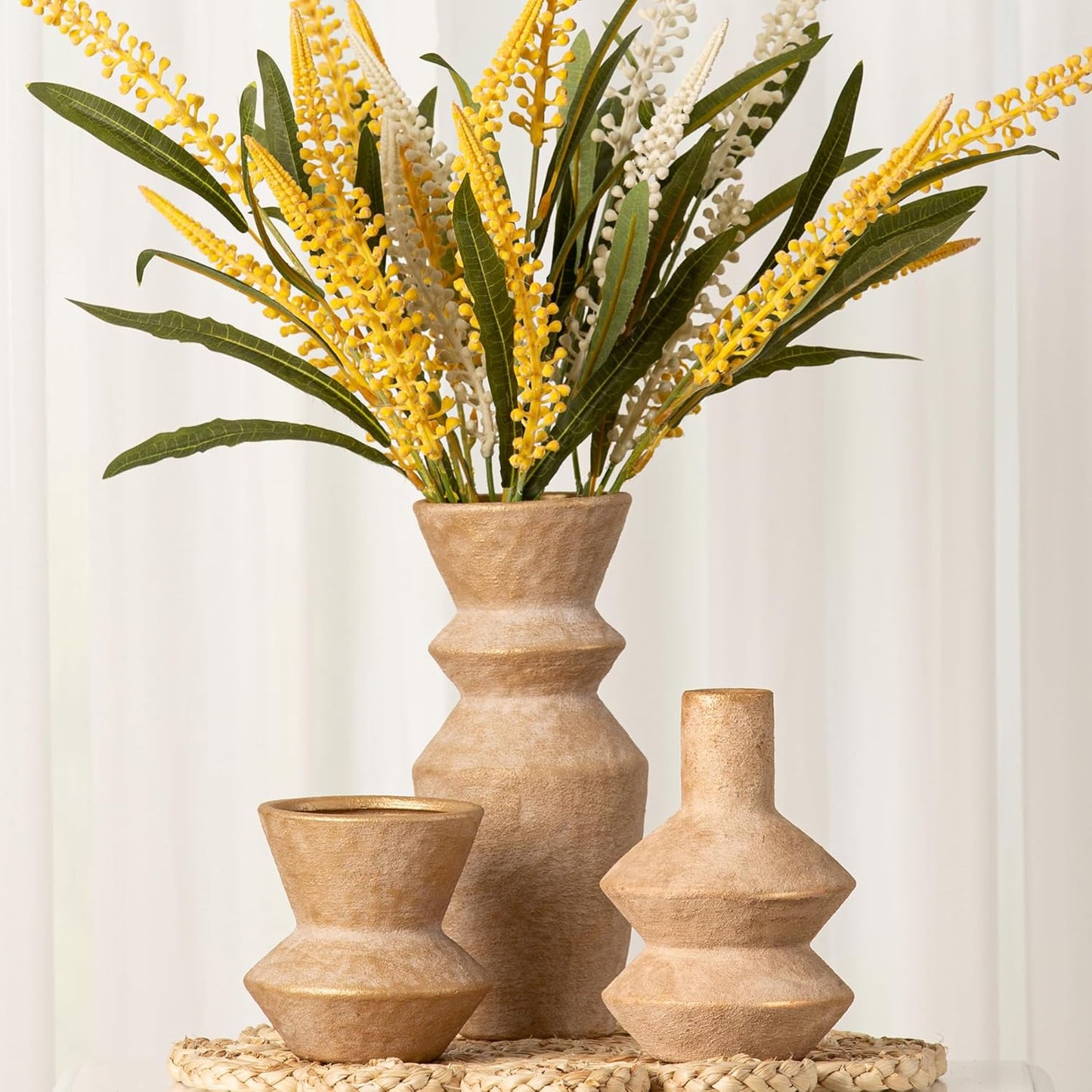 Ceramic Vase Home Table Decor - Gold Flower Vase Set of 3 Living Room Kitchen Decorations Farmhouse Modern Rustic Vases Decorative Centerpiece for Shelf Bedroom Office Bathroom Dining Coffee Desk