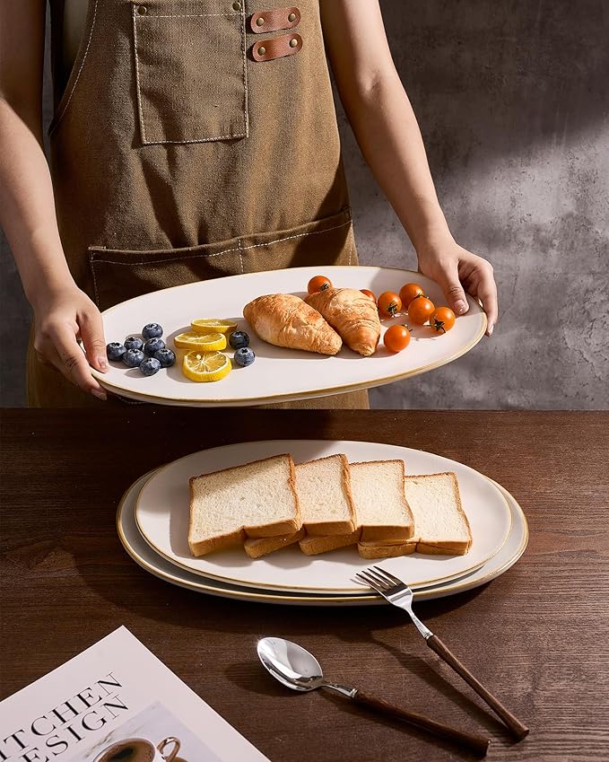 famiware Serving Platter, Oval 15.59/14.3/12.9inch Serving Dishes for Entertaining, Serving Bowls, Dishwasher Safe, Stoneware Serving Trays for Party, Food, Turkey, Cheese, Reactive Glaze, Matte White